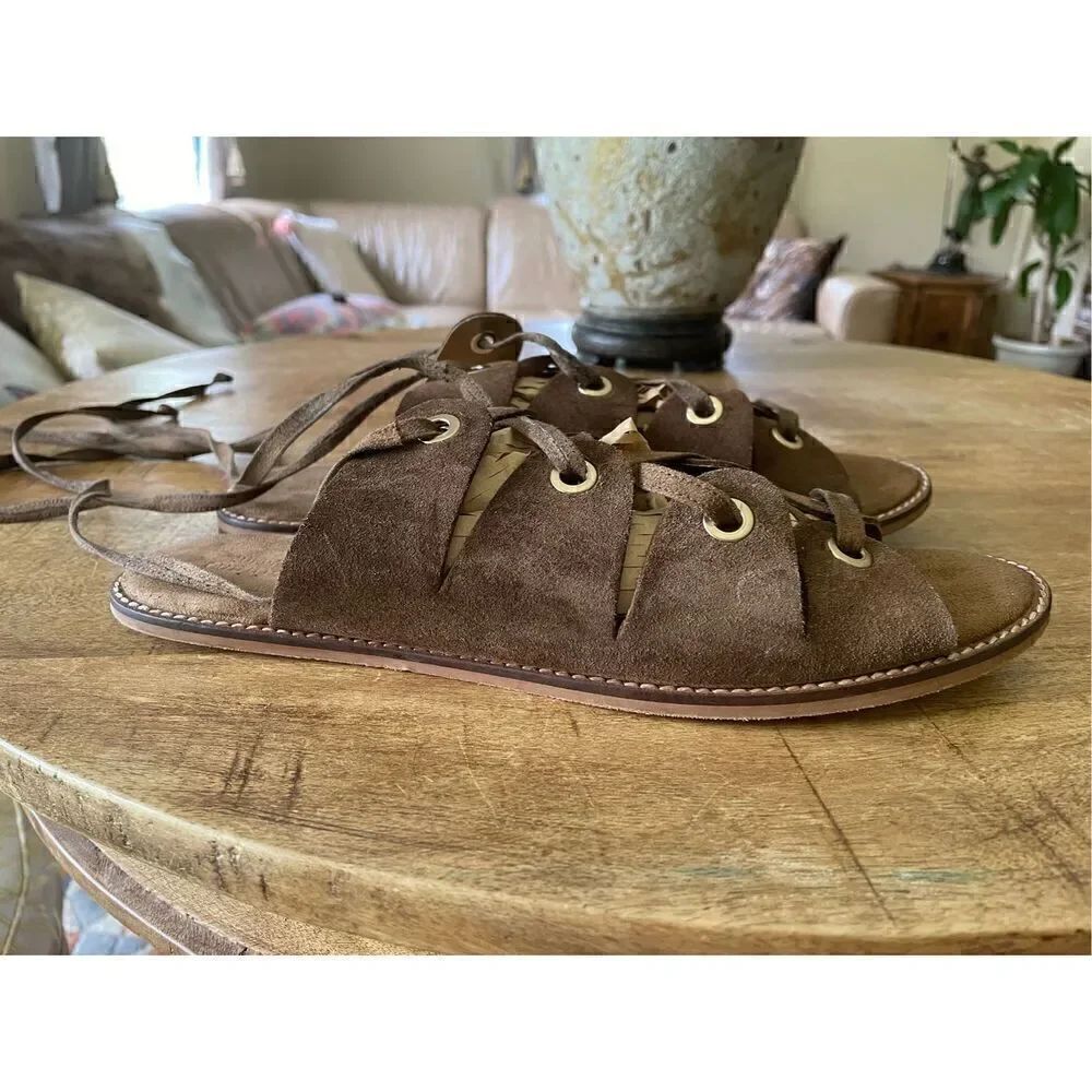 Urban Outfitters Brown Bonnie Sandals Lace-Up Suede Gold Rivet Women Size EUR 41